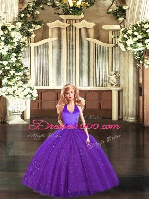 Sleeveless Floor Length Ruching Lace Up Quinceanera Gowns with Purple