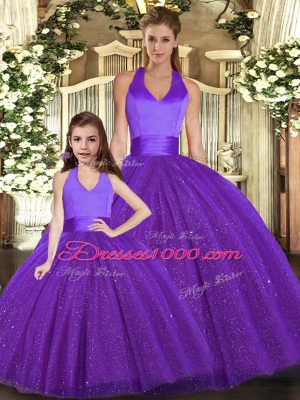 Sleeveless Floor Length Ruching Lace Up Quinceanera Gowns with Purple