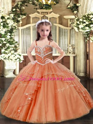 Enchanting Peach Sleeveless Floor Length Beading Lace Up Pageant Dress