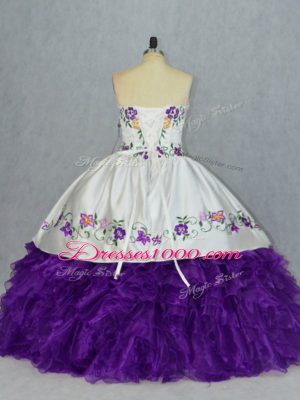 Graceful White And Purple Lace Up Sweetheart Embroidery and Ruffles Sweet 16 Quinceanera Dress Organza Sleeveless