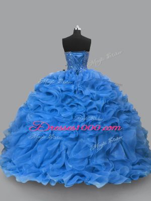 Beauteous Sleeveless Organza Floor Length Lace Up Quinceanera Gown in Blue with Beading and Ruffles