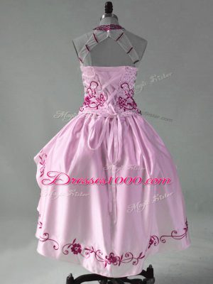 Graceful High Low Pink Pageant Dress for Womens Halter Top Sleeveless Lace Up