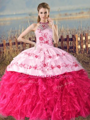 On Sale Sleeveless Organza Court Train Lace Up Sweet 16 Dress in Hot Pink with Embroidery and Ruffles