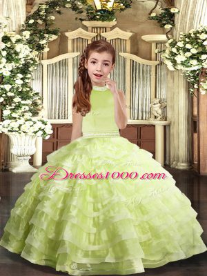 Halter Top Sleeveless Organza Kids Pageant Dress Beading and Ruffled Layers Backless