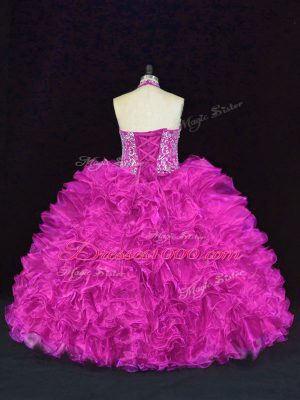 Sleeveless Floor Length Beading and Ruffles Lace Up Sweet 16 Dresses with Fuchsia