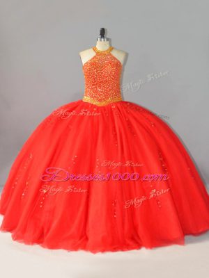 Coral Red Tulle Lace Up Halter Top Sleeveless Floor Length Quinceanera Gowns Beading