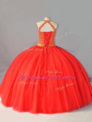 Coral Red Tulle Lace Up Halter Top Sleeveless Floor Length Quinceanera Gowns Beading