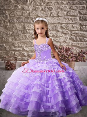 Sleeveless Beading and Ruffled Layers Lace Up Little Girls Pageant Dress Wholesale with Lavender Brush Train