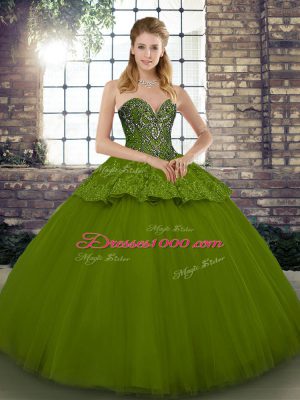 Floor Length Ball Gowns Sleeveless Olive Green 15 Quinceanera Dress Lace Up