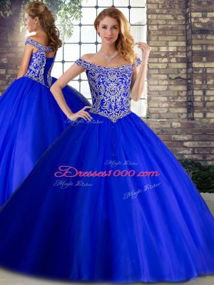 Enchanting Royal Blue Sleeveless Brush Train Beading Sweet 16 Dresses