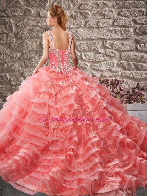 Blue Quince Ball Gowns Organza Court Train Sleeveless Beading and Ruffled Layers