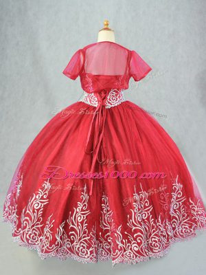 Exquisite Red Lace Up Kids Pageant Dress Beading and Embroidery Sleeveless Floor Length