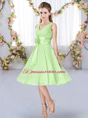 Yellow Green Sleeveless Knee Length Hand Made Flower Lace Up Damas Dress