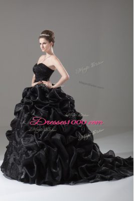 Popular Black Quince Ball Gowns Sweet 16 and Quinceanera with Embroidery and Pick Ups Sweetheart Sleeveless Brush Train Lace Up