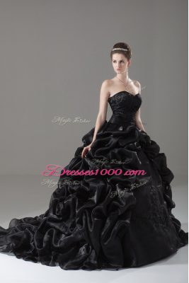 Popular Black Quince Ball Gowns Sweet 16 and Quinceanera with Embroidery and Pick Ups Sweetheart Sleeveless Brush Train Lace Up