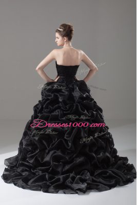 Popular Black Quince Ball Gowns Sweet 16 and Quinceanera with Embroidery and Pick Ups Sweetheart Sleeveless Brush Train Lace Up
