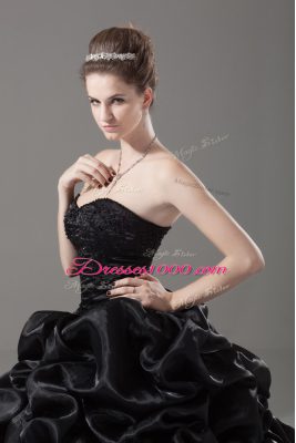 Popular Black Quince Ball Gowns Sweet 16 and Quinceanera with Embroidery and Pick Ups Sweetheart Sleeveless Brush Train Lace Up