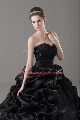Popular Black Quince Ball Gowns Sweet 16 and Quinceanera with Embroidery and Pick Ups Sweetheart Sleeveless Brush Train Lace Up
