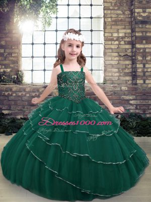 Best Floor Length Ball Gowns Sleeveless Peacock Green Little Girls Pageant Gowns Lace Up