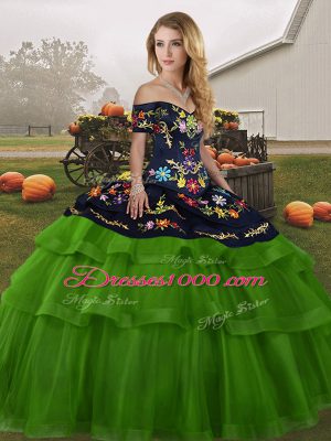 Admirable Green Ball Gowns Tulle Off The Shoulder Sleeveless Embroidery and Ruffled Layers Lace Up Quinceanera Dresses Brush Train