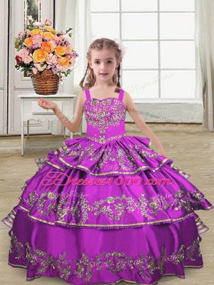 Cheap Purple Ball Gowns Embroidery and Ruffled Layers Winning Pageant Gowns Lace Up Satin Sleeveless Floor Length