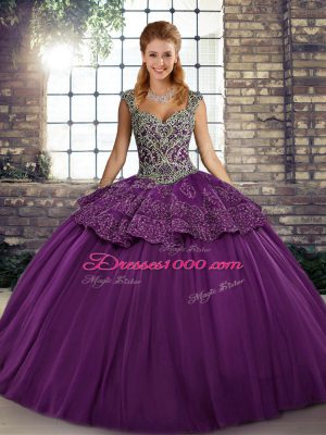 Floor Length Lace Up Quinceanera Gown Purple for Military Ball and Sweet 16 and Quinceanera with Beading and Appliques