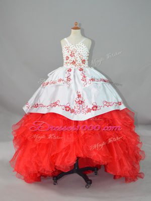 White And Red Satin and Organza Lace Up Pageant Gowns For Girls Sleeveless Sweep Train Beading and Embroidery and Ruffles