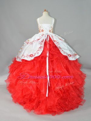 White And Red Satin and Organza Lace Up Pageant Gowns For Girls Sleeveless Sweep Train Beading and Embroidery and Ruffles