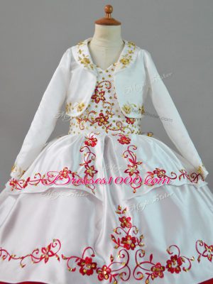 White And Red Satin and Organza Lace Up Pageant Gowns For Girls Sleeveless Sweep Train Beading and Embroidery and Ruffles