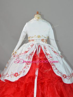 White And Red Satin and Organza Lace Up Pageant Gowns For Girls Sleeveless Sweep Train Beading and Embroidery and Ruffles