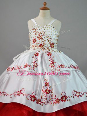 White And Red Satin and Organza Lace Up Pageant Gowns For Girls Sleeveless Sweep Train Beading and Embroidery and Ruffles