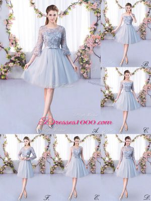 Grey Scoop Lace Up Lace and Belt Quinceanera Dama Dress 3 4 Length Sleeve