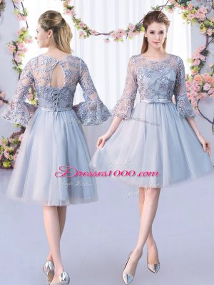 Grey Scoop Lace Up Lace and Belt Quinceanera Dama Dress 3 4 Length Sleeve