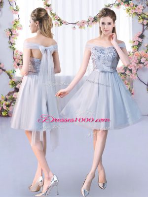 Grey Scoop Lace Up Lace and Belt Quinceanera Dama Dress 3 4 Length Sleeve