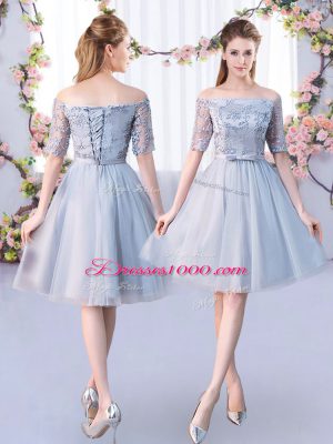 Grey Scoop Lace Up Lace and Belt Quinceanera Dama Dress 3 4 Length Sleeve