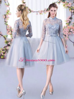 Grey Scoop Lace Up Lace and Belt Quinceanera Dama Dress 3 4 Length Sleeve