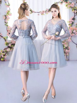 Grey Scoop Lace Up Lace and Belt Quinceanera Dama Dress 3 4 Length Sleeve