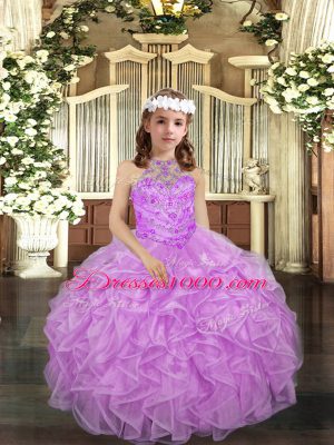 Sleeveless Lace Up Floor Length Beading and Ruffles Little Girl Pageant Dress