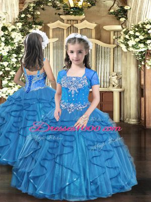 Blue Lace Up 15 Quinceanera Dress Beading and Ruffles Sleeveless Floor Length