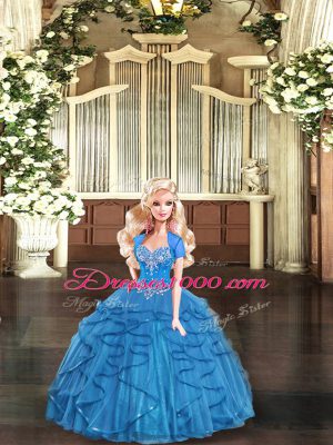 Blue Lace Up 15 Quinceanera Dress Beading and Ruffles Sleeveless Floor Length