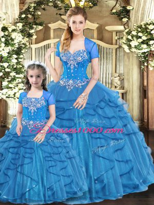 Blue Lace Up 15 Quinceanera Dress Beading and Ruffles Sleeveless Floor Length