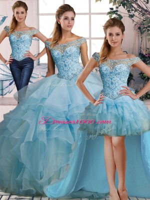 Inexpensive Three Pieces Quinceanera Dresses Light Blue Off The Shoulder Organza Sleeveless Floor Length Lace Up