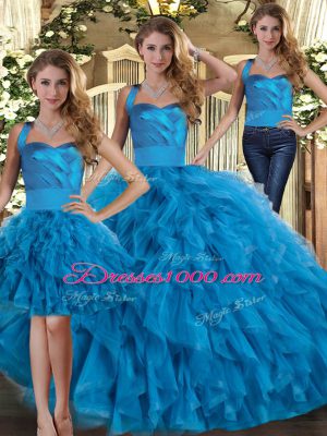 Glittering Sleeveless Tulle Floor Length Lace Up Sweet 16 Quinceanera Dress in Blue with Ruffles