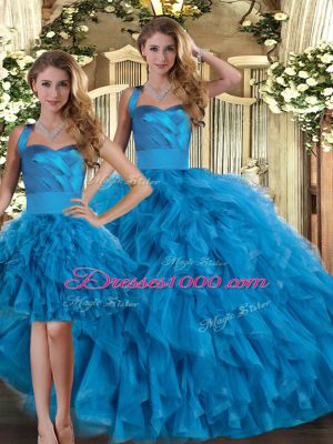 Glittering Sleeveless Tulle Floor Length Lace Up Sweet 16 Quinceanera Dress in Blue with Ruffles