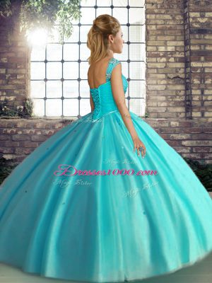 Custom Made Turquoise Off The Shoulder Lace Up Beading Quince Ball Gowns Sleeveless