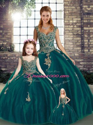 Custom Fit Peacock Green Quince Ball Gowns Military Ball and Sweet 16 and Quinceanera with Beading and Appliques Straps Sleeveless Lace Up