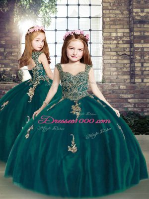 Custom Fit Peacock Green Quince Ball Gowns Military Ball and Sweet 16 and Quinceanera with Beading and Appliques Straps Sleeveless Lace Up