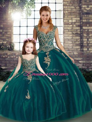 Custom Fit Peacock Green Quince Ball Gowns Military Ball and Sweet 16 and Quinceanera with Beading and Appliques Straps Sleeveless Lace Up