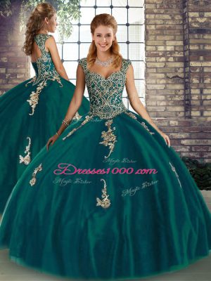 Custom Fit Peacock Green Quince Ball Gowns Military Ball and Sweet 16 and Quinceanera with Beading and Appliques Straps Sleeveless Lace Up