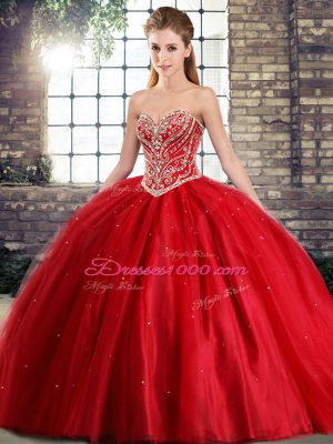 Ideal Red Quinceanera Gown Sweetheart Sleeveless Brush Train Lace Up